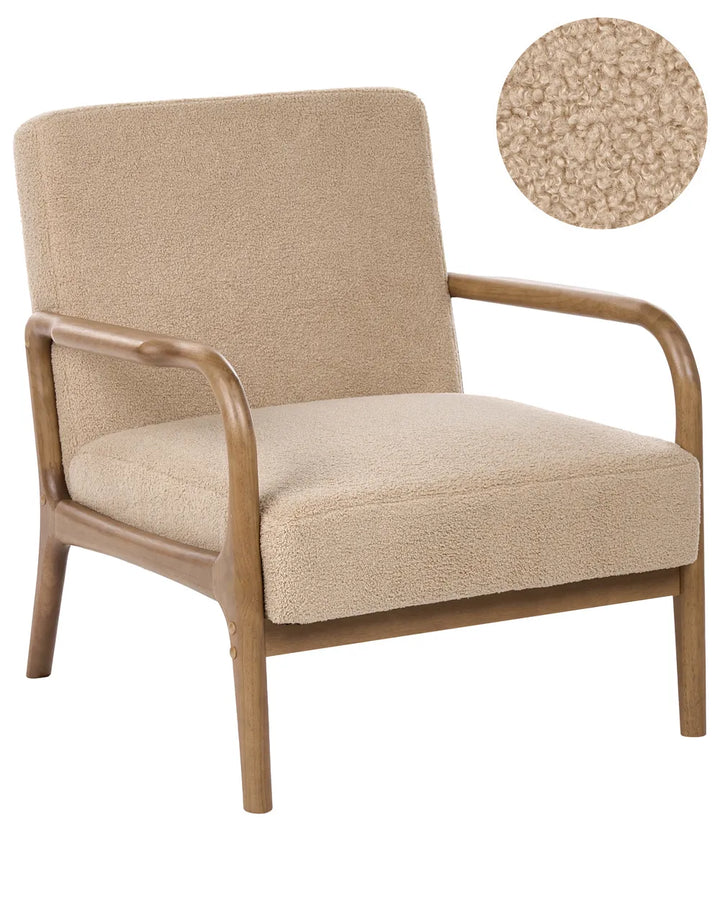 A modern armchair with a warm beige bouclé fabric upholstery and a curved medium-brown wooden frame, shown on a plain white background with a circular fabric texture inset in the top right.
