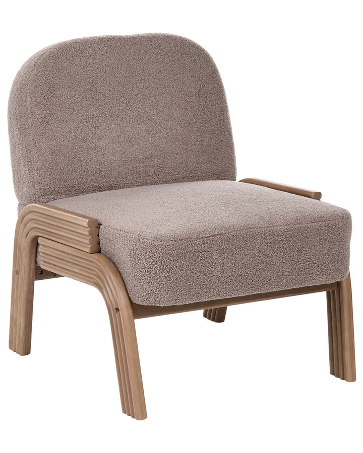 A modern accent chair with a textured taupe bouclé seat and back cushion, supported by a light natural wood frame with curved armrests, shown on a solid white background.