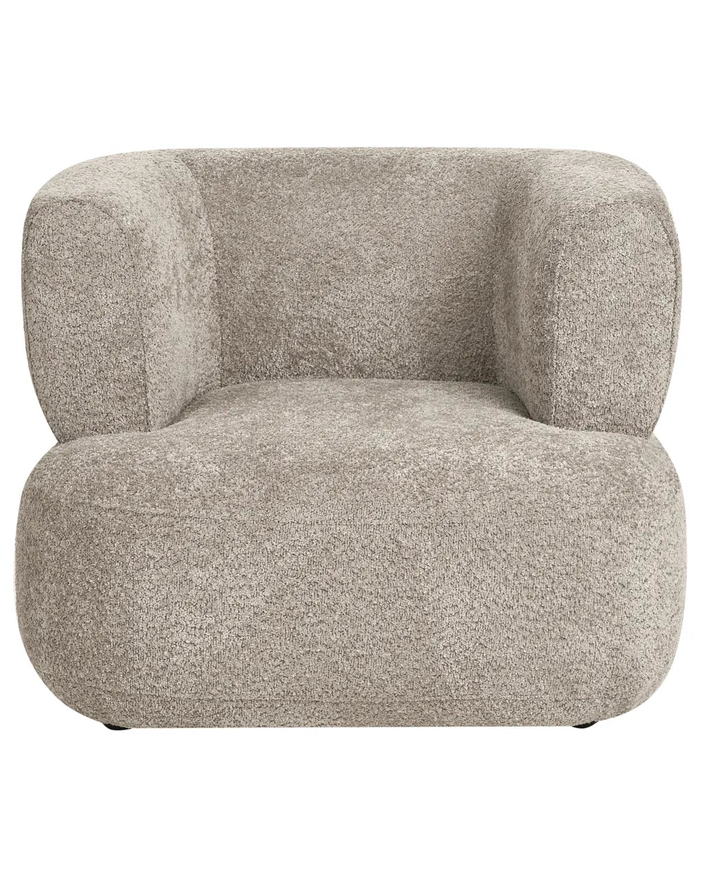 A modern low-profile armchair upholstered in a textured, boucle-like fabric in a warm light gray or greige color, shown against a plain white background.