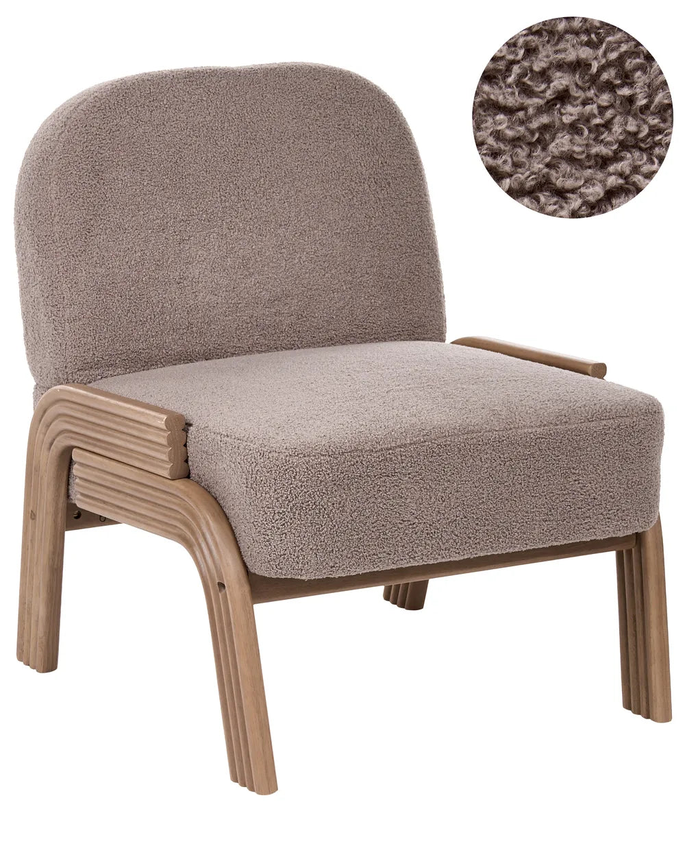 A modern lounge chair with a curved light wood frame and plush taupe bouclé upholstery, featuring a circular inset showing a close-up of the textured fabric.