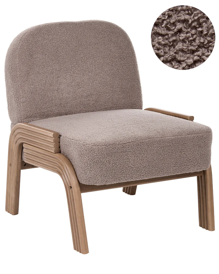A modern lounge chair with a curved light wood frame and plush taupe bouclé upholstery, featuring a circular inset showing a close-up of the textured fabric.