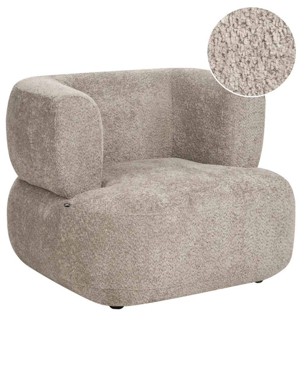 A modern low-profile armchair upholstered in a textured boucle fabric in a warm taupe-beige color, featuring a circular fabric close-up inset in the top right corner.