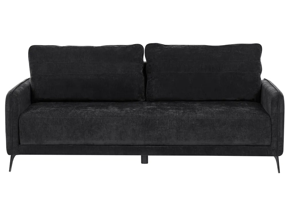 A modern two-seater sofa upholstered in a dark charcoal gray textured fabric, featuring two back cushions, wide armrests, and slim dark metal legs, shown against a plain white background.