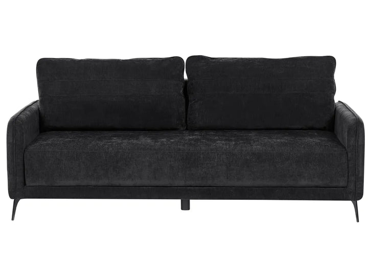 A modern two-seater sofa upholstered in a dark charcoal gray textured fabric, featuring two back cushions, wide armrests, and slim dark metal legs, shown against a plain white background.