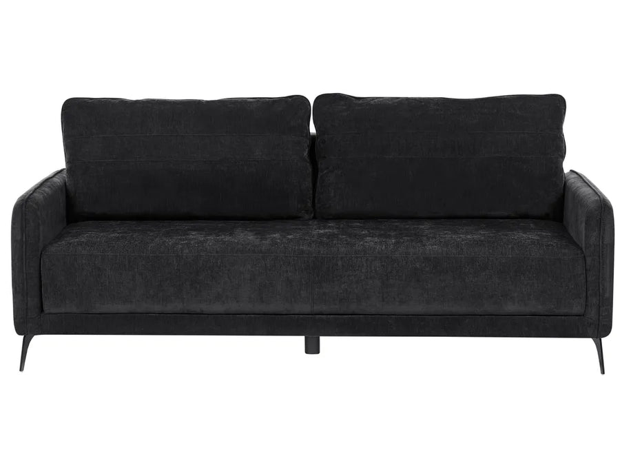 A modern two-seater sofa upholstered in a dark charcoal gray textured fabric, featuring two back cushions, wide armrests, and slim dark metal legs, shown against a plain white background.