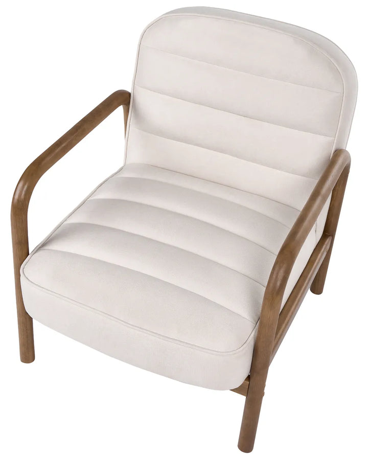 A modern accent chair with cream-colored tufted upholstery and a curved medium-brown wooden frame, shown on a solid white background.
