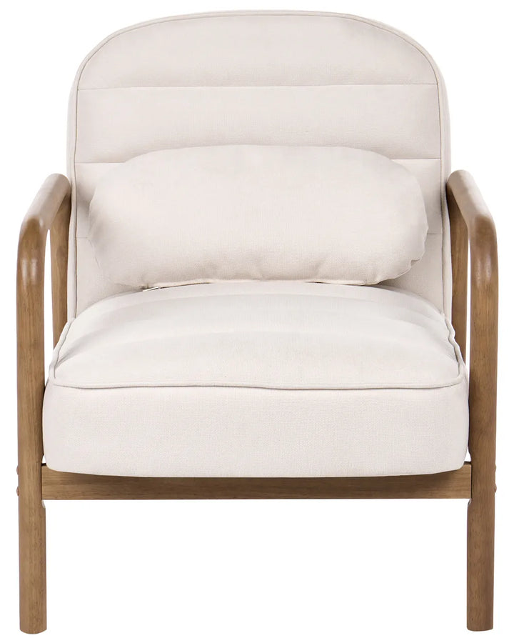 A modern accent chair with a light beige upholstered cushioned seat, backrest, and matching lumbar pillow, supported by a natural wood frame.