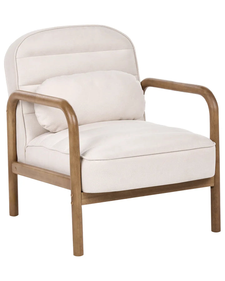 A modern accent chair with cream-colored cushions and a light brown wooden frame, shown against a plain white background.