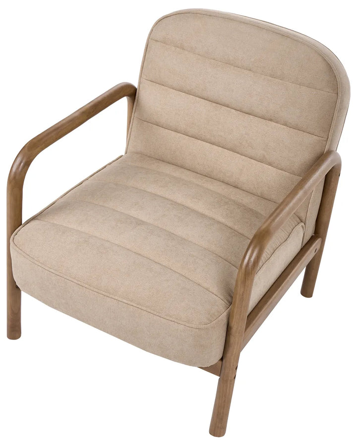 A modern accent chair with a curved wooden frame and thick, ribbed beige fabric cushions, shown from a three-quarters angle on a white background.