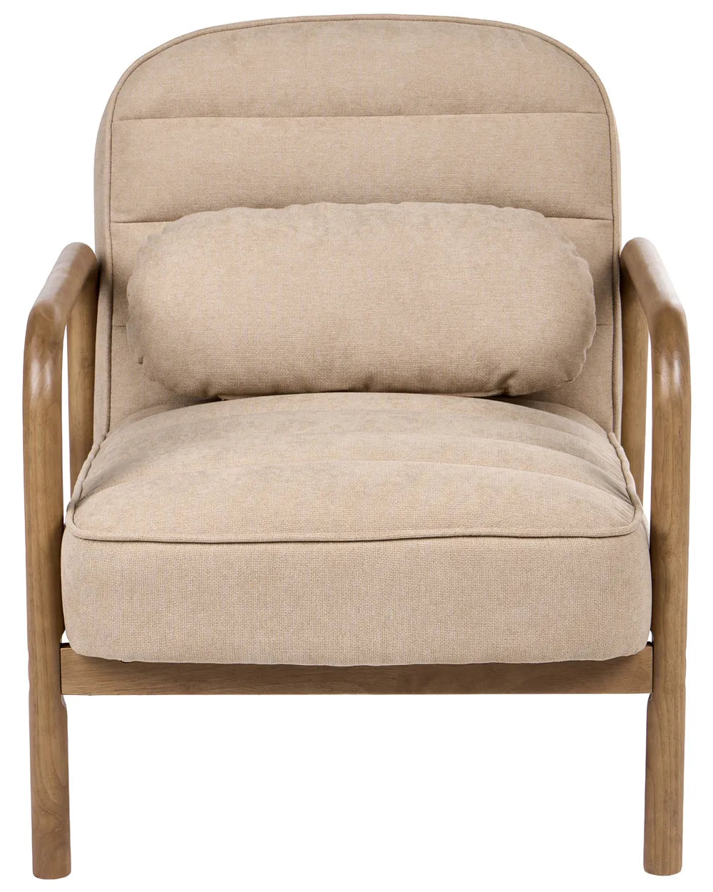 A modern armchair with a light beige textured fabric cushion and a natural wood frame, shown against a plain white background.