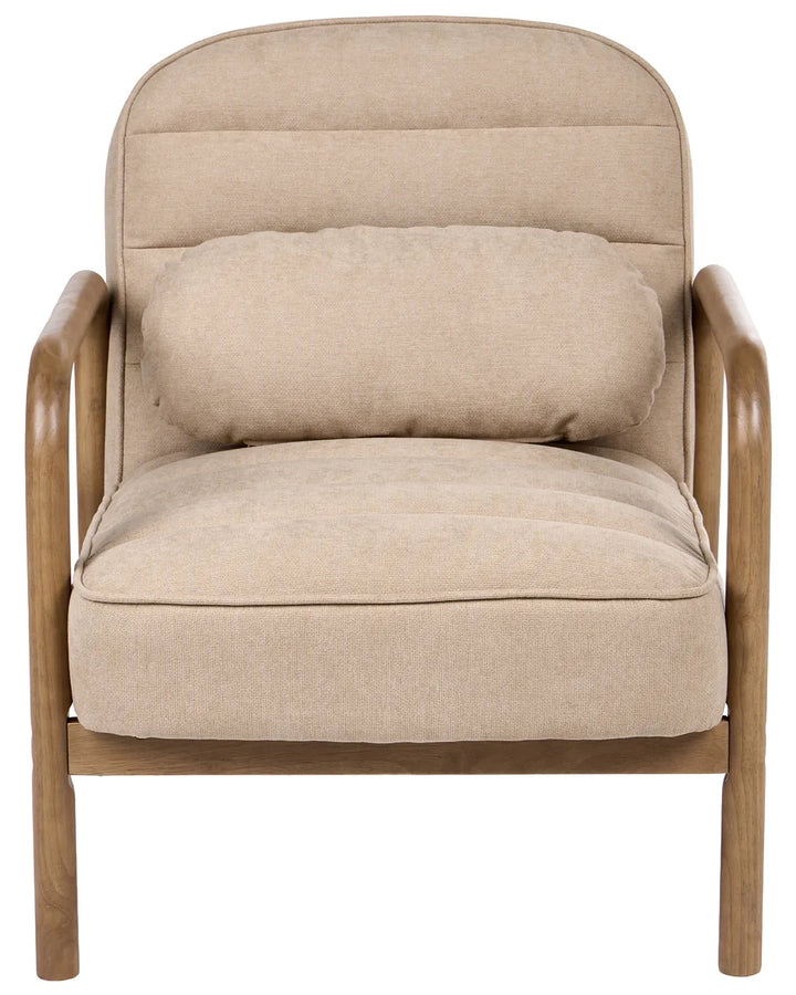 A modern armchair with a light beige textured fabric cushion and a natural wood frame, shown against a plain white background.