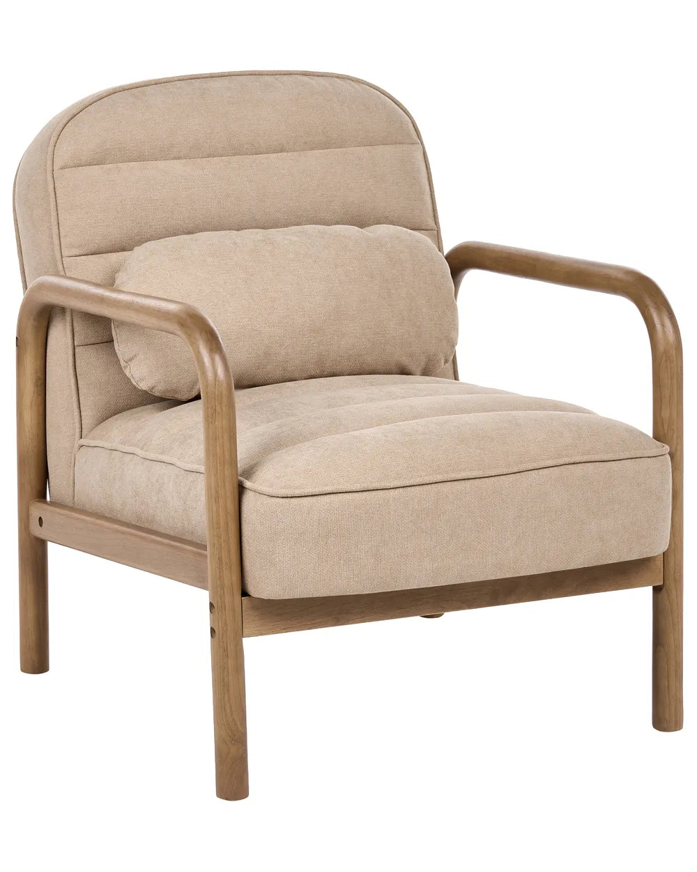 A modern accent chair with beige textured fabric upholstery and a curved medium-brown wooden frame, shown against a plain white background.