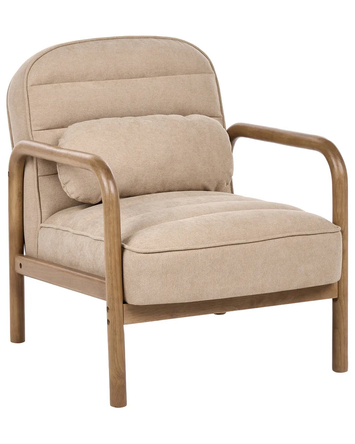 A modern accent chair with beige textured fabric upholstery and a curved medium-brown wooden frame, shown against a plain white background.