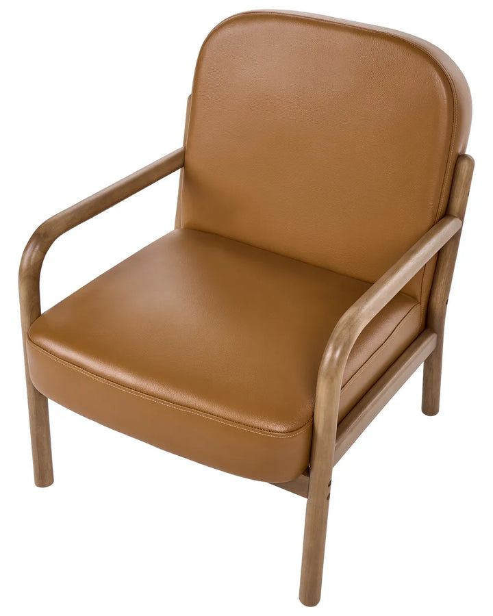 A mid-century modern armchair with tan leather upholstery and a curved light brown wooden frame, shown on a solid white background.