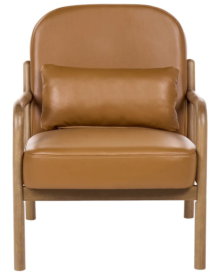A modern accent chair with tan leather upholstery and a matching lumbar pillow, set against a solid white background.