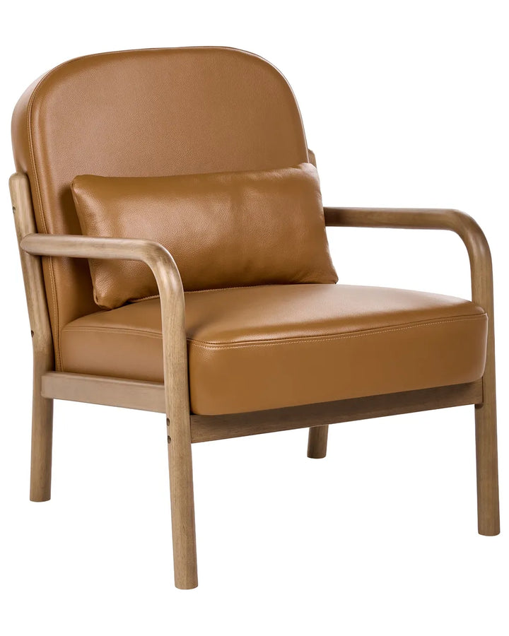 A modern armchair with tan leather upholstery and a matching back cushion, featuring curved light wood arms and legs, shown against a plain white background.