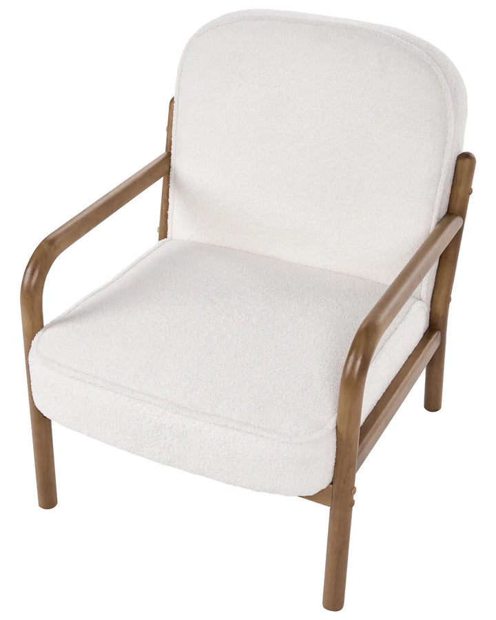 A modern accent chair with a curved wooden frame and plush off-white bouclé upholstery on the seat and backrest, shown against a plain white background.