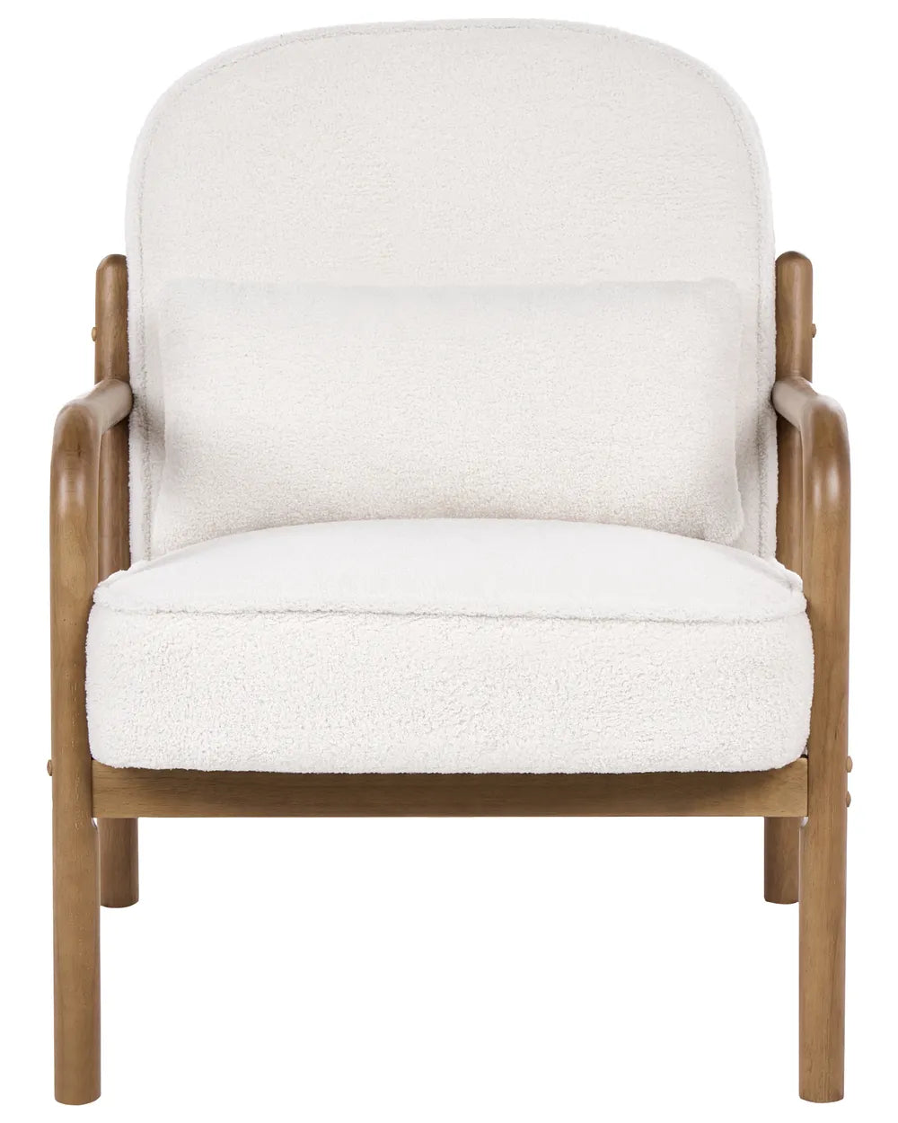 A modern accent chair with a curved wooden frame and plush off-white bouclé upholstery on the seat and backrest, shown against a plain white background.
