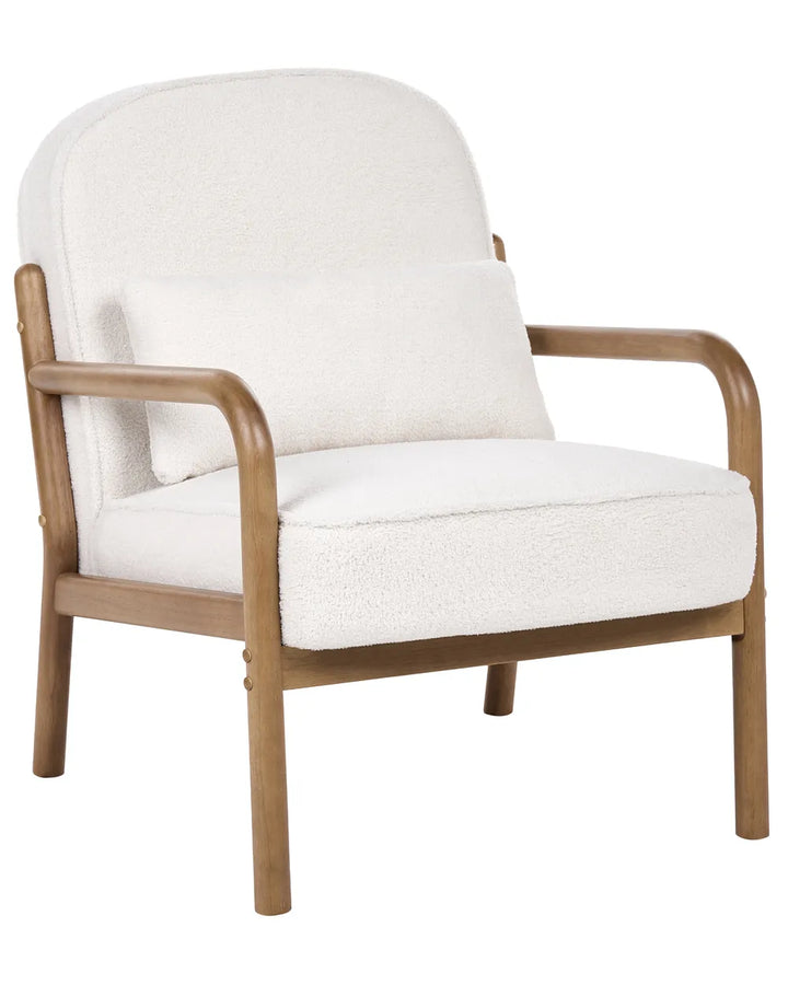 A modern accent chair featuring a light beige bouclé fabric seat and back cushion with a curved medium-brown wooden frame and armrests, shown against a plain white background.