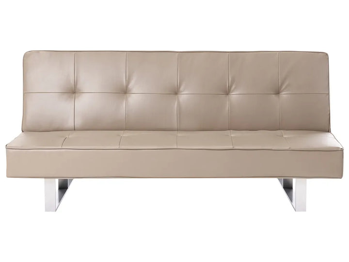 A modern beige faux leather futon sofa with a tufted button-backrest and slim silver metal legs, shown against a plain white background.