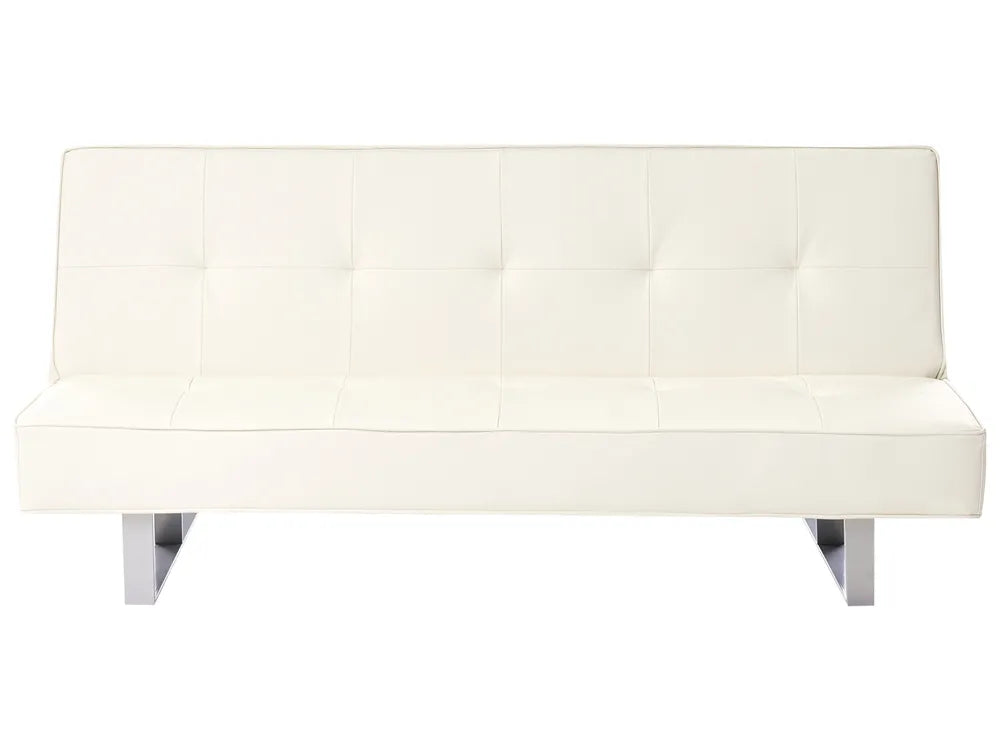 A modern white tufted leather futon sofa with slim silver metal legs, shown against a plain white background.