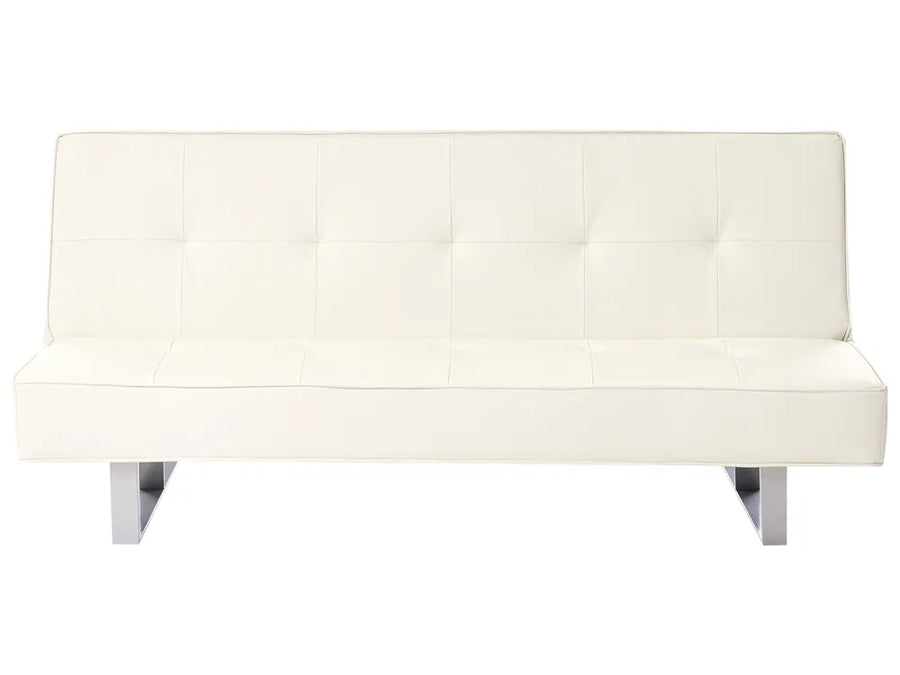 A modern white tufted leather futon sofa with slim silver metal legs, shown against a plain white background.