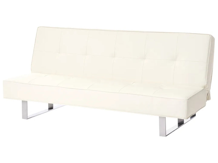 An off-white tufted leather futon sofa with a modern chrome metal base, shown against a plain white background.