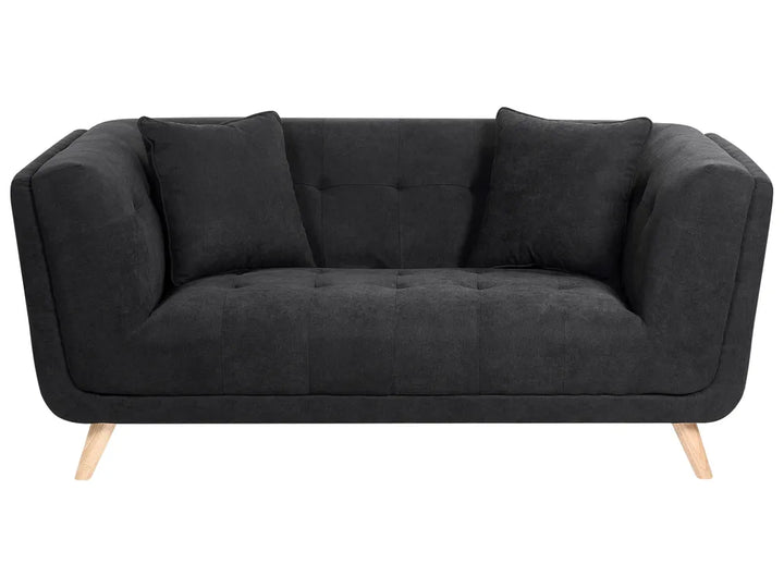 A modern black fabric loveseat sofa with tufted details, two matching back cushions, and light wood legs, shown against a plain white background.