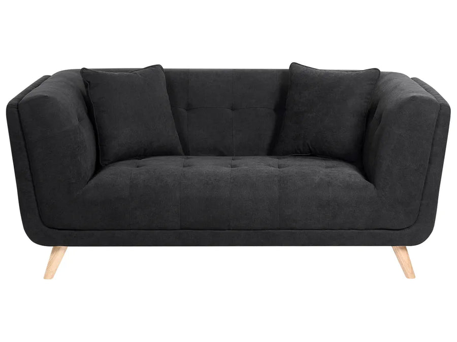 A modern black fabric loveseat sofa with tufted details, two matching back cushions, and light wood legs, shown against a plain white background.