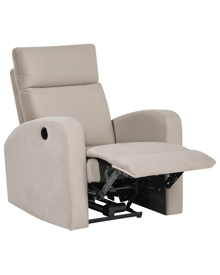 A beige upholstered recliner chair shown in a reclined position with the footrest extended, photographed on a plain white background.