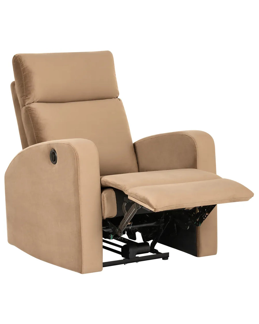 A beige upholstered recliner chair shown in a reclined position with the footrest extended, photographed on a plain white background.