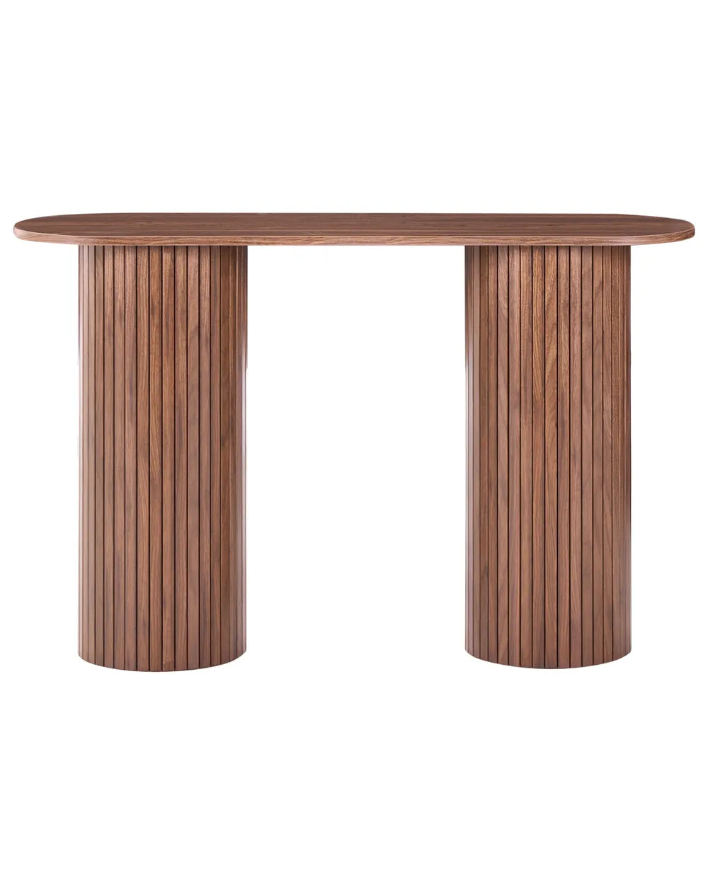 A modern wooden console table with a rounded rectangular top and two fluted cylindrical pedestal legs in a medium brown finish, isolated on a white background.
