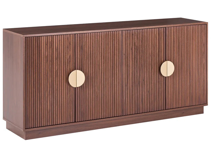 A mid-century modern wooden sideboard cabinet with vertical fluted doors and two round brass knobs, shown on a plain white background.