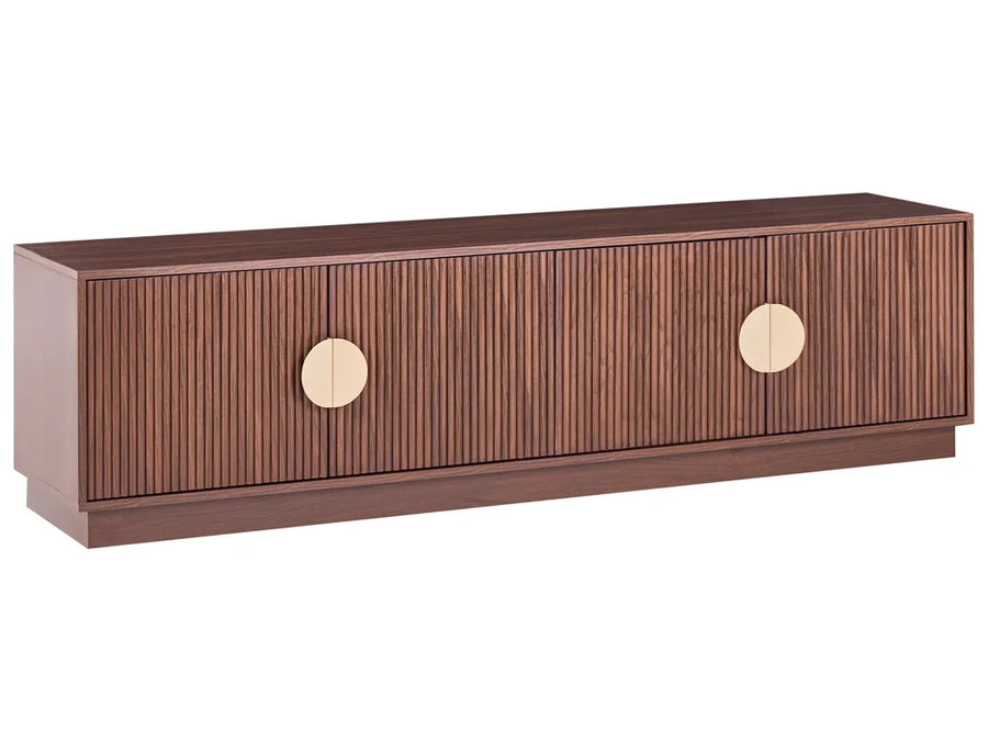 A modern mid-century style sideboard cabinet with a dark brown wood grain finish, featuring two doors with vertical fluting and round brass handles, shown on a plain white background.