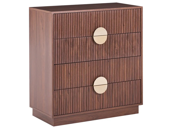 A three-drawer chest of drawers in dark brown wood with vertical fluted drawer fronts and two round brass pull handles, shown on a plain white background.