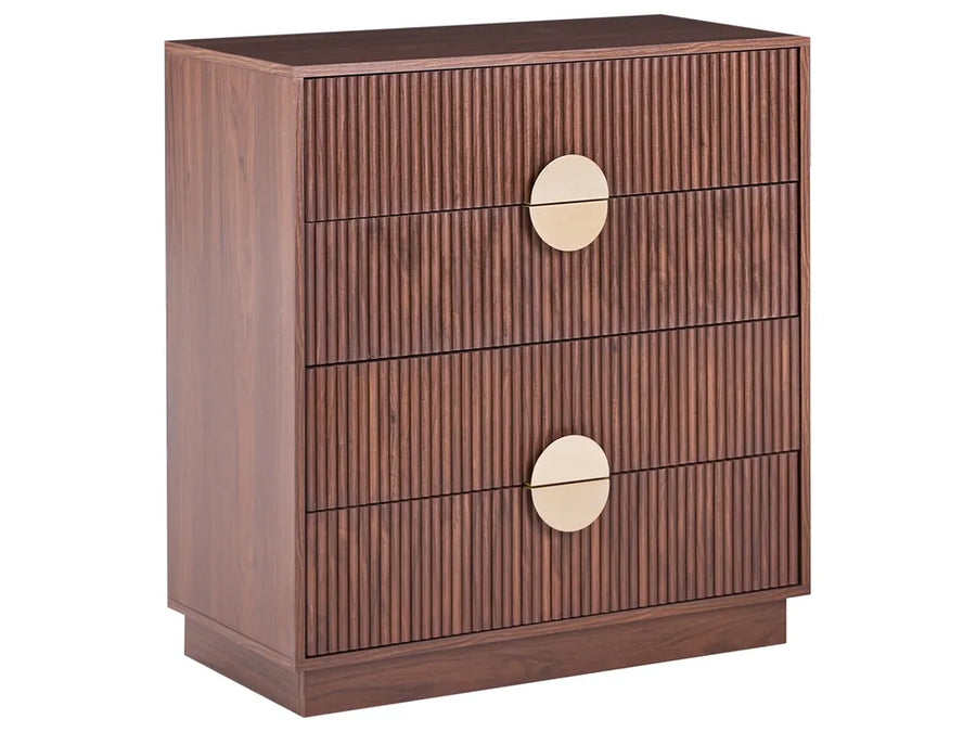A three-drawer chest of drawers in dark brown wood with vertical fluted drawer fronts and two round brass pull handles, shown on a plain white background.