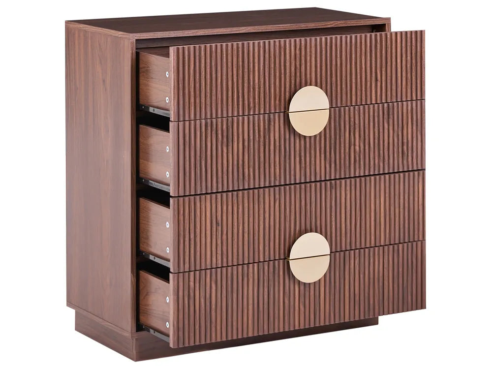 A mid-century modern wooden chest of drawers with a dark brown wood grain finish, featuring three open drawers on the left and two closed drawers with vertical fluting on the right. Each drawer has a round, light gold metal pull handle, and the entire piece is shown against a plain white background.