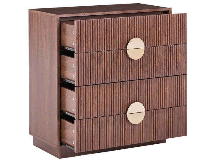 A mid-century modern wooden chest of drawers with a dark brown wood grain finish, featuring three open drawers on the left and two closed drawers with vertical fluting on the right. Each drawer has a round, light gold metal pull handle, and the entire piece is shown against a plain white background.