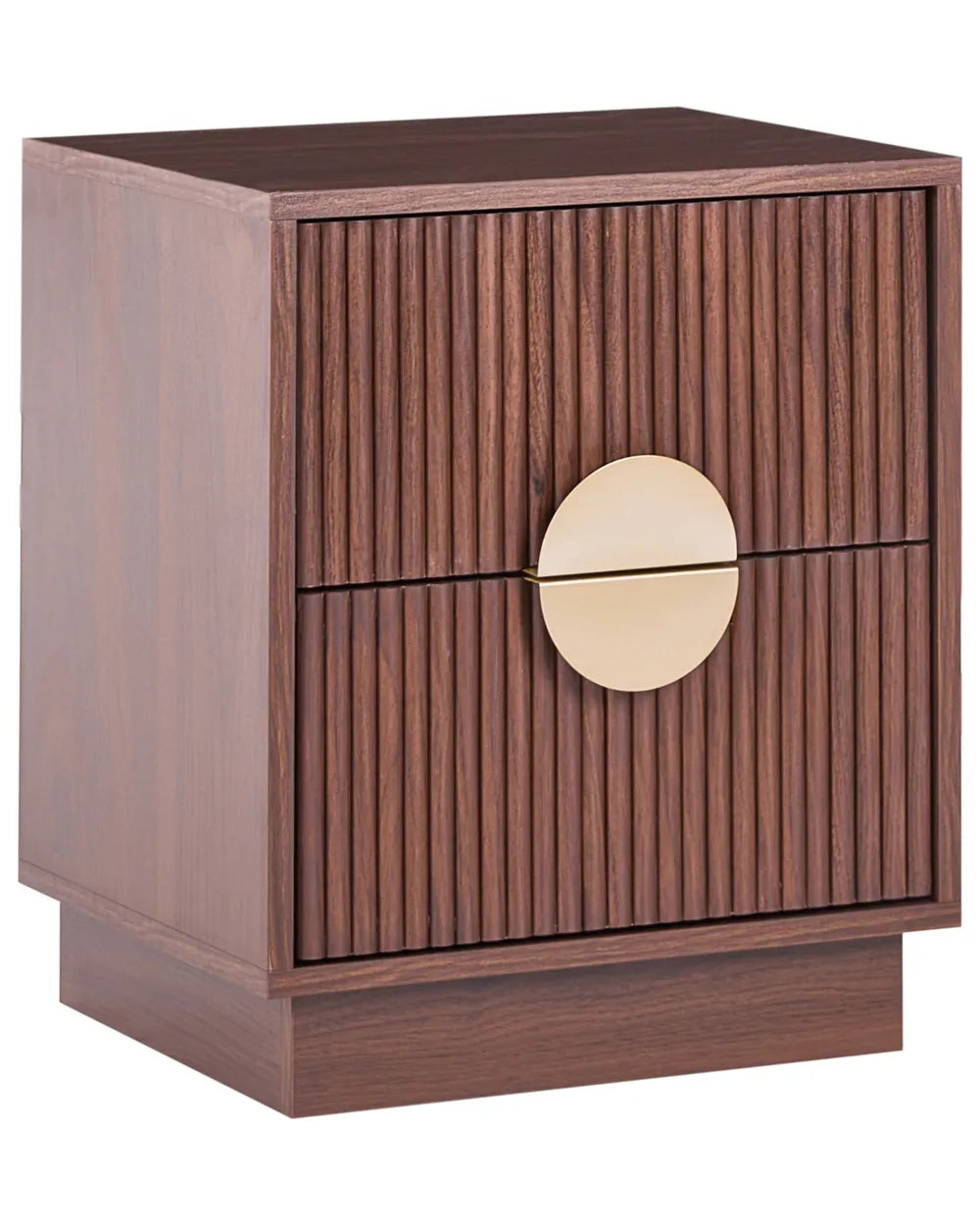 A modern two-drawer nightstand or side table made of dark brown wood with vertical fluted drawer fronts and a round gold metal pull in the center, shown on a plain white background.