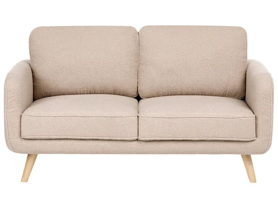 A two-seater loveseat sofa upholstered in a textured beige bouclé fabric, featuring light natural wood legs, shown against a plain white background.