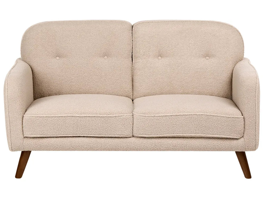 A two-seater loveseat sofa upholstered in a textured bouclé fabric in a light beige color, featuring tufted back cushions and tapered wooden legs, shown against a plain white background.