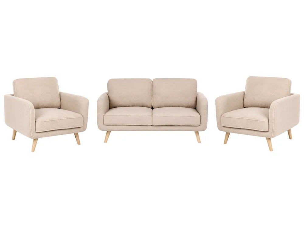 A three-piece living room furniture set including a two-seater loveseat and two matching armchairs in a light beige textured fabric with light wood legs, shown against a plain white background.