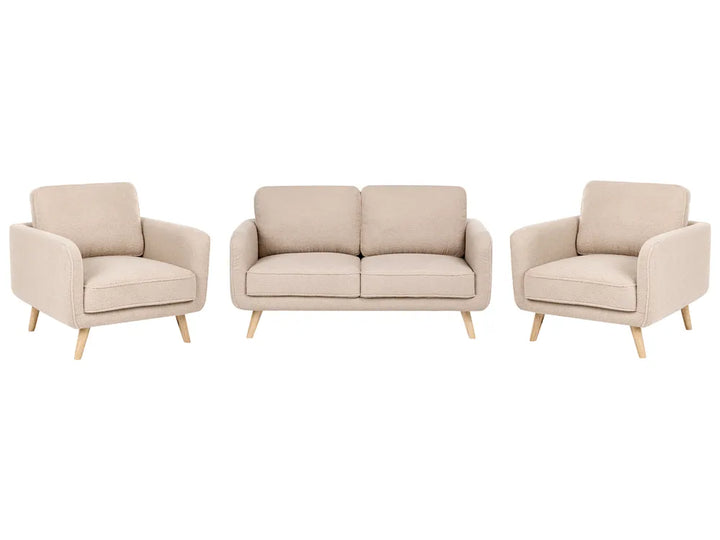 A three-piece living room furniture set including a two-seater loveseat and two matching armchairs in a light beige textured fabric with light wood legs, shown against a plain white background.