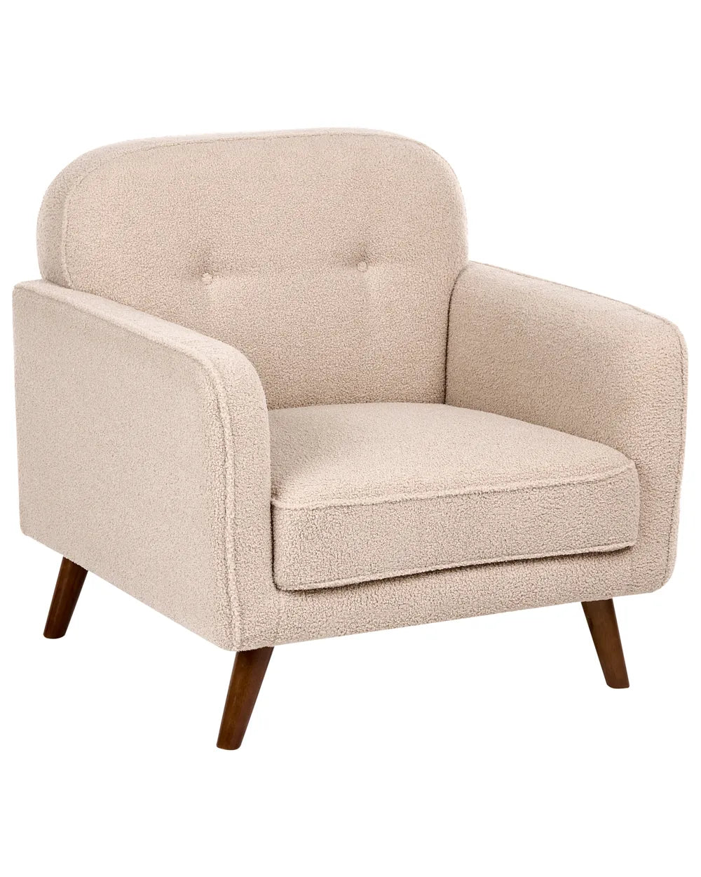 A single upholstered armchair with a rounded back, wide armrests, tufted button detailing on the backrest, and tapered dark wood legs, shown on a plain white background.