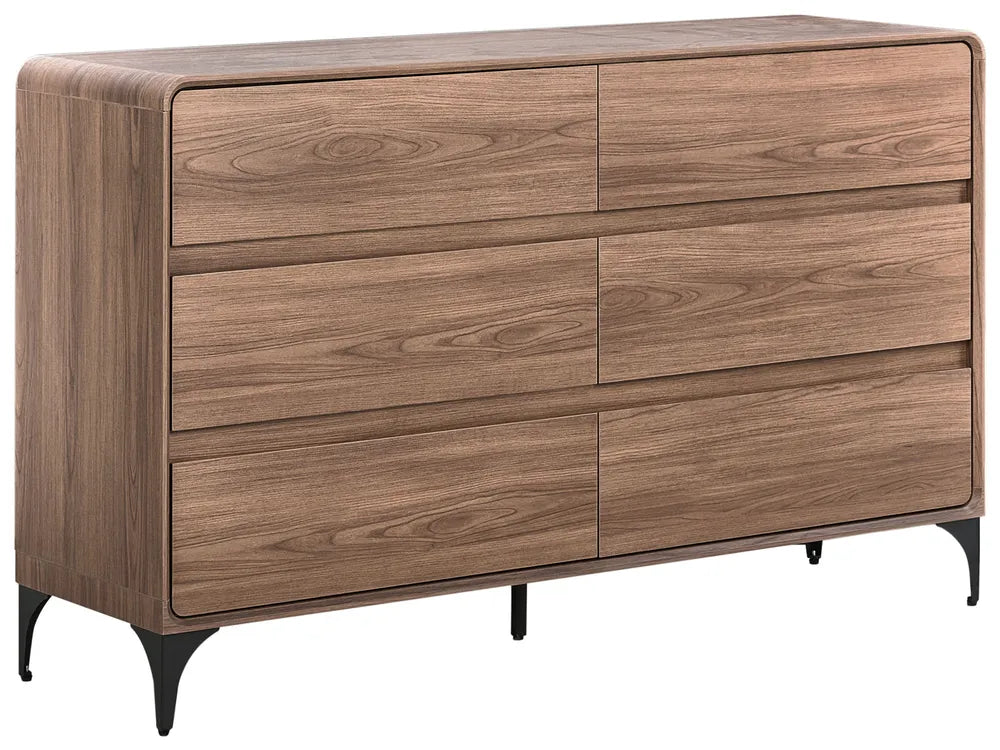 A modern six-drawer wooden dresser with a medium brown walnut-look finish and black metal legs, shown on a plain white background.