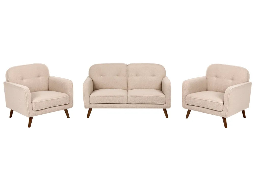 A three-piece mid-century modern furniture set featuring a two-seater loveseat and two matching armchairs in light beige tufted upholstery with dark wood legs, shown against a plain white background.
