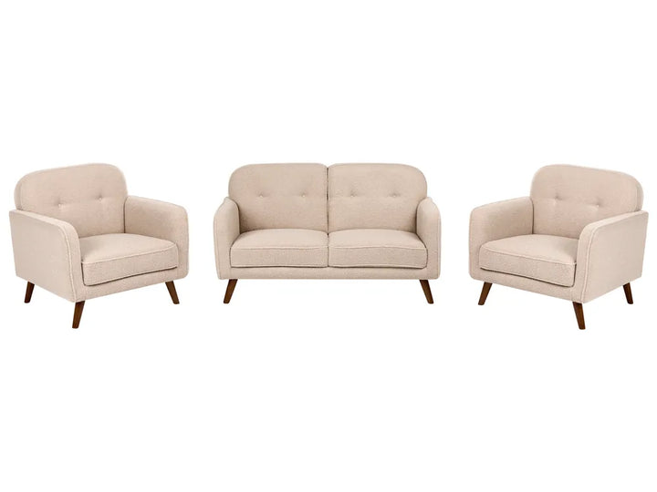 A three-piece mid-century modern furniture set featuring a two-seater loveseat and two matching armchairs in light beige tufted upholstery with dark wood legs, shown against a plain white background.