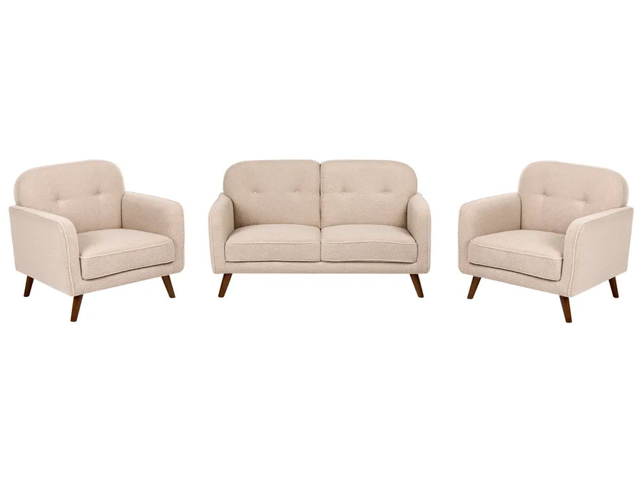 A three-piece mid-century modern furniture set featuring a two-seater loveseat and two matching armchairs in light beige tufted upholstery with dark wood legs, shown against a plain white background.