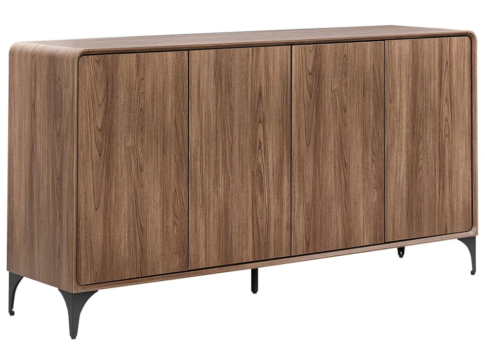 A mid-century modern sideboard cabinet with four wood-grain doors, tapered legs, and small black metal feet, shown on a plain white background.
