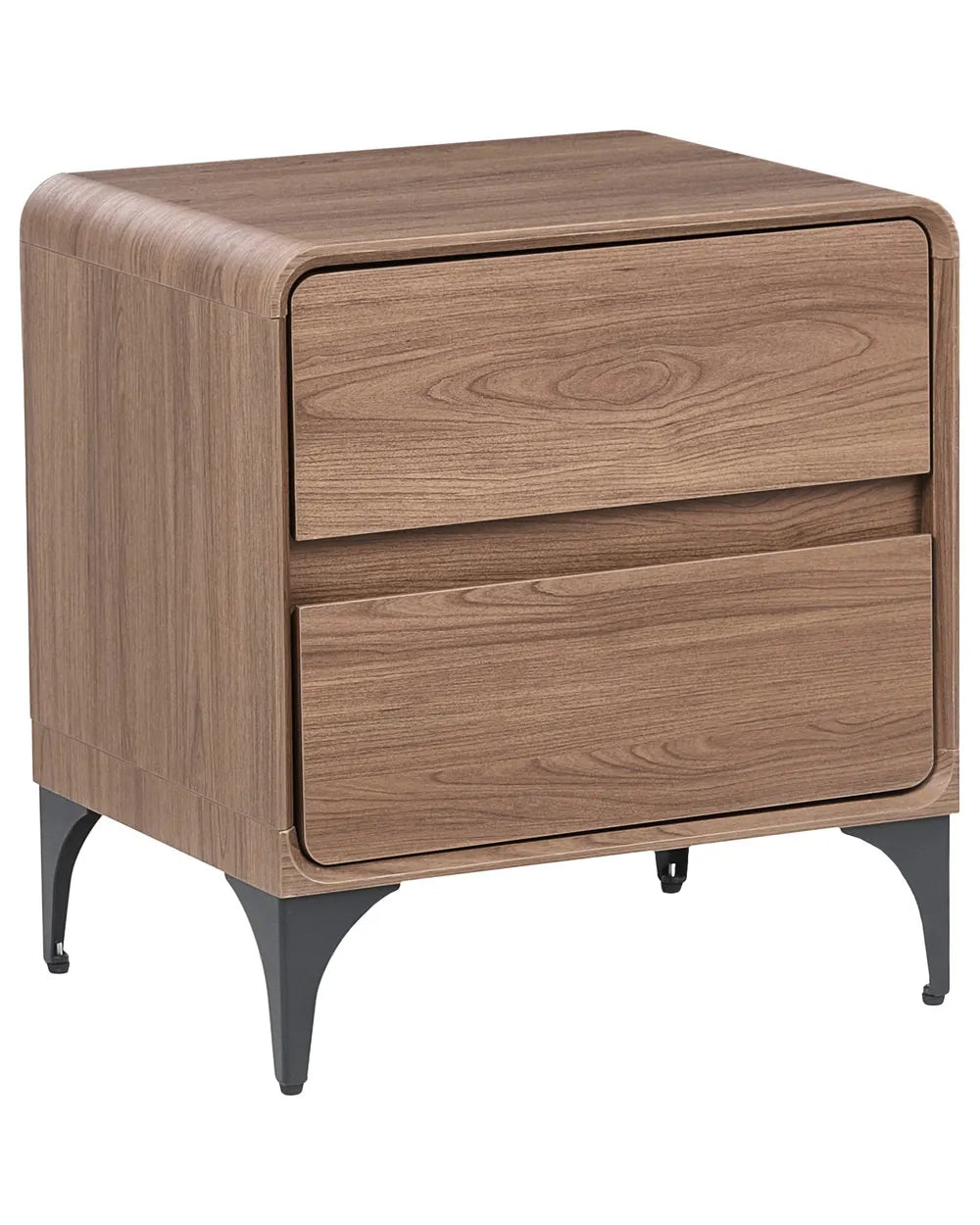 A two-drawer nightstand with a walnut wood grain finish and black metal legs, shown on a plain white background.
